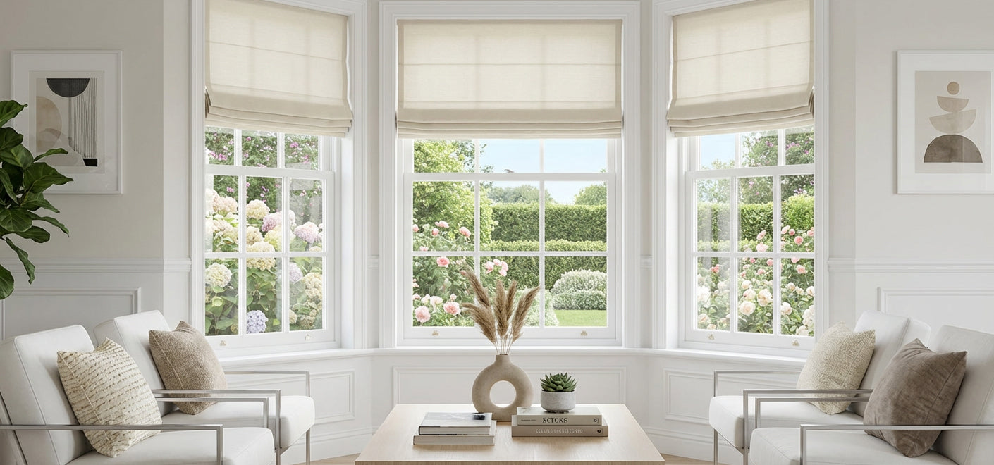 Motorized Linen Roman Shades adorn the bay window in the living room