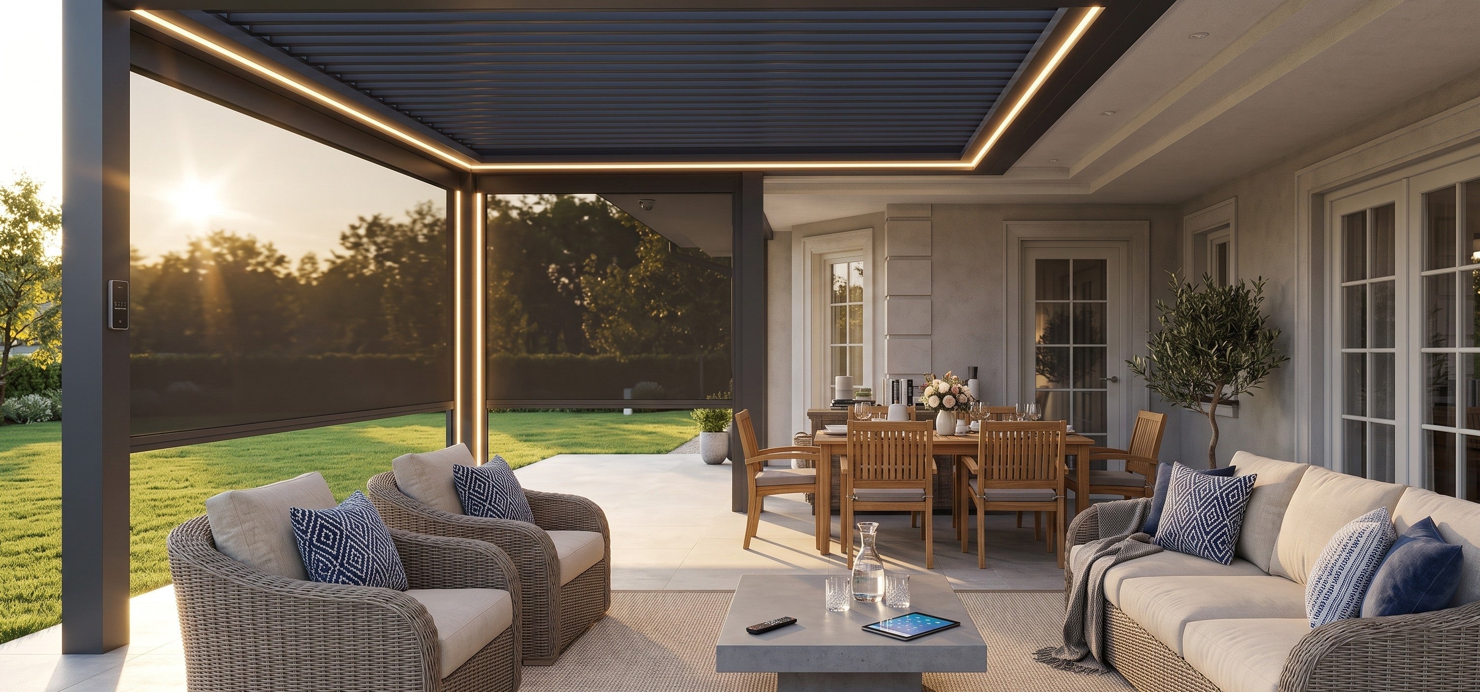 SmartWings Motorized Zipper Track Windproof Outdoor Shades in the patio.