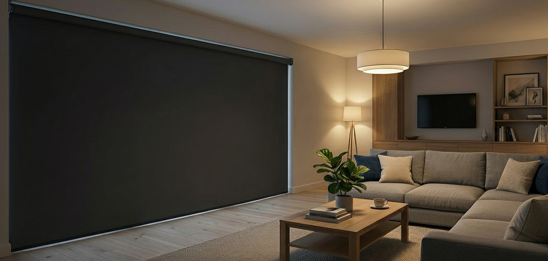 100% Blackout Roller Shades in Living Room