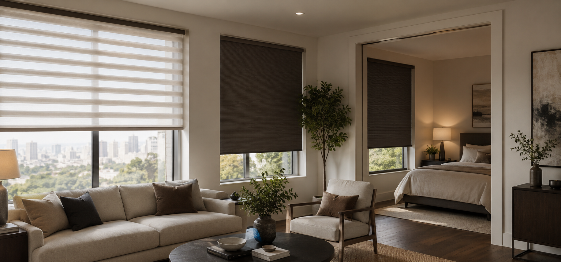 Modern living room and bedroom with motorized window shades