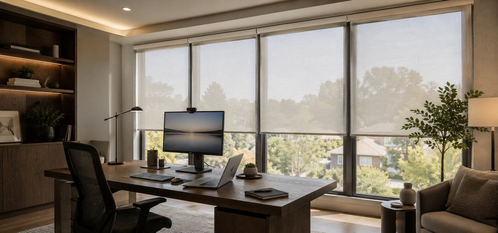 Modern home office with smart shades filtering soft daylight over a workspace.