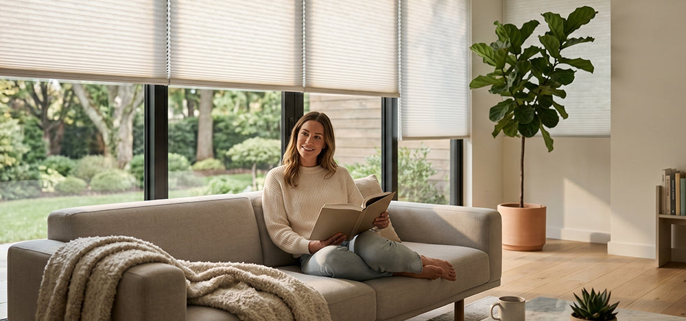 Motorized cellular shades installed in a modern living room, providing light control, privacy, and energy-efficient comfort.