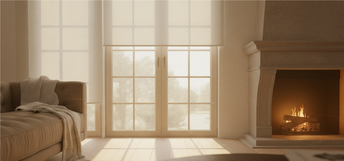 Smart White Light Filtering Roller Shades is placed in front of the French windows in the living room.