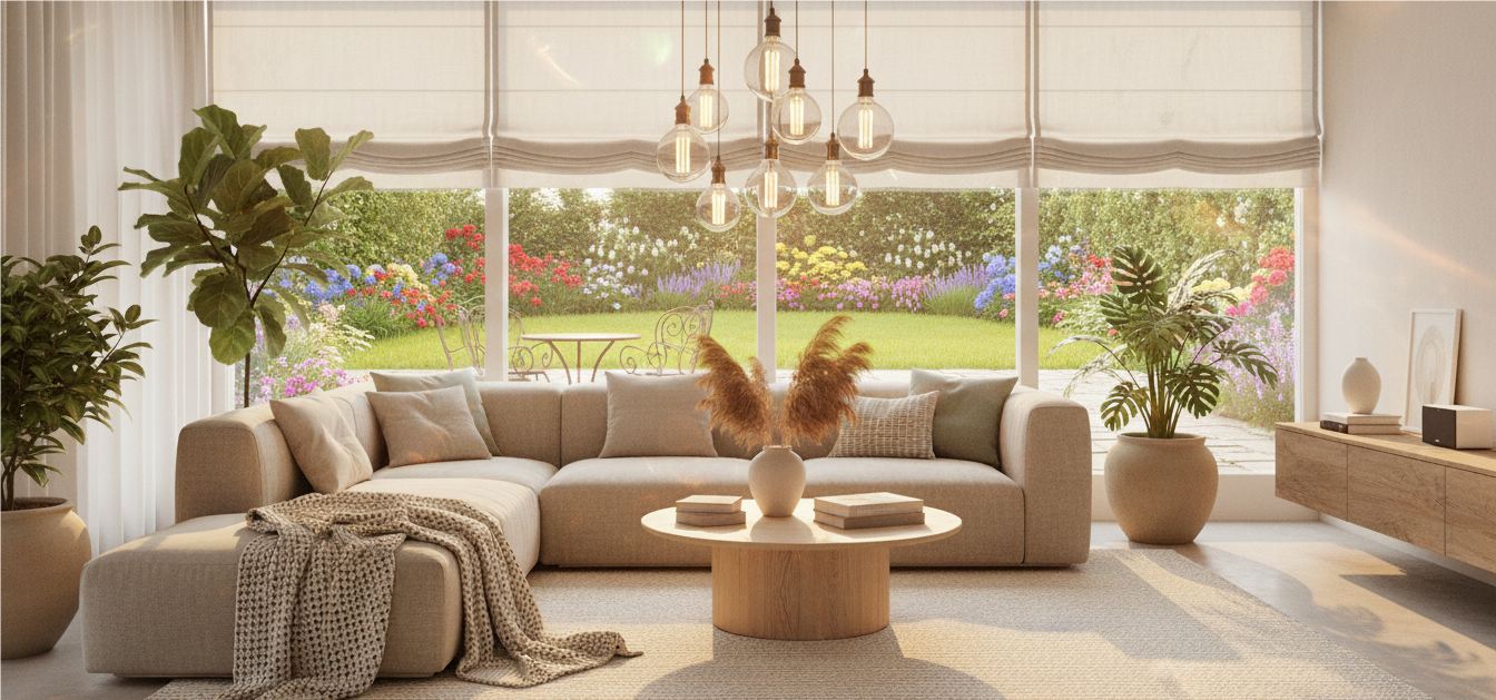 Smart Cellular Shades is placed in front of the windows in the living room with yard view