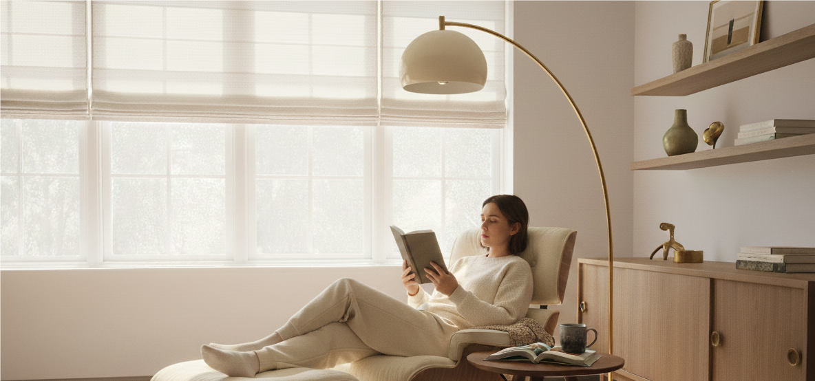 Smart blinds is placed in front of the windows in the living room