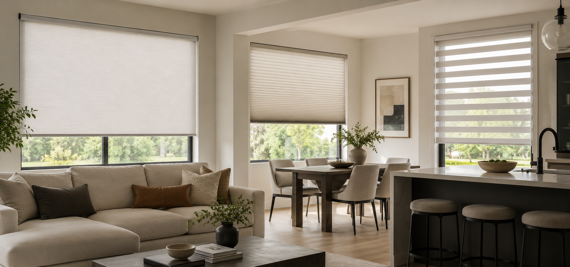 Modern home interior showing roller, cellular, and zebra shades on different windows in a bright living, dining, and kitchen space.