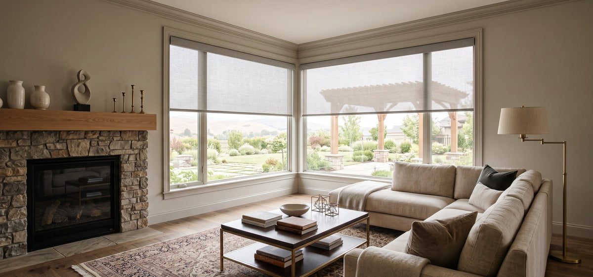 Motorized Sunscreen Roller Shades in the Modern Living Room.