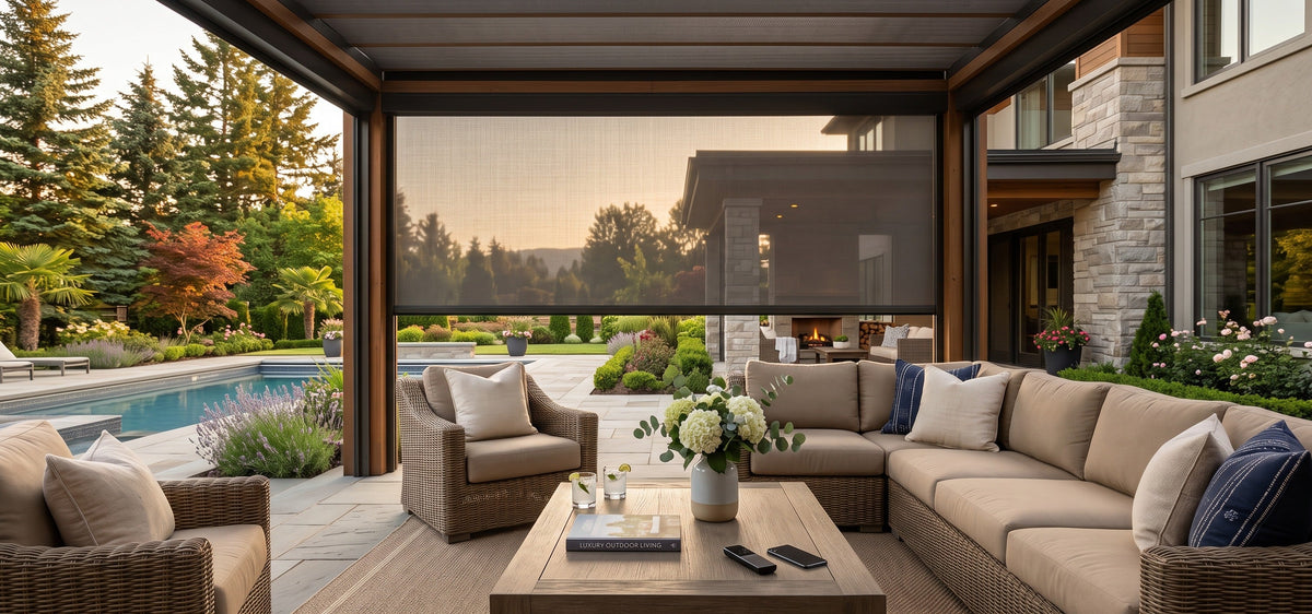 In the backyard of this modern American villa, the Patio is equipped with motorized Zipper Track Windproof Outdoor Shades on all four sides to block the glaring sunlight from the sides while maintaining an open view.