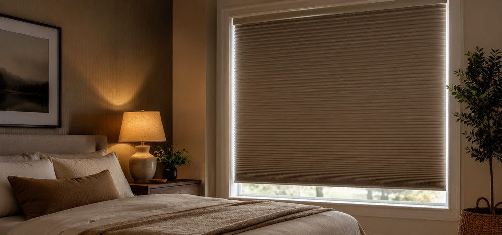 Warm bedroom scene with honeycomb blackout shades covering a large window, creating soft darkness and improved insulation.