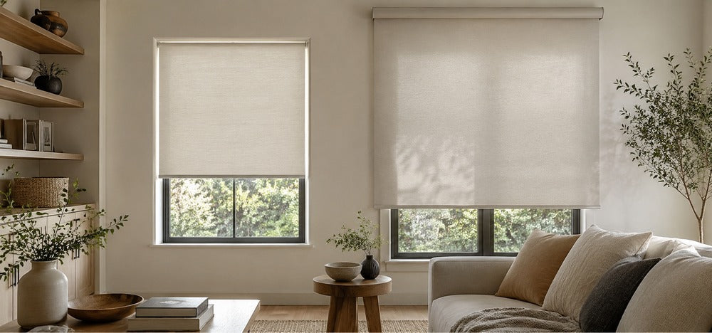 Modern living room with inside mount and outside mount roller shades on two windows