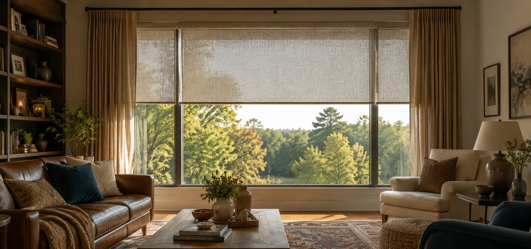 Cozy living room with a large picture window, warm layered decor, soft window shades, and natural daylight filtering into a comfortable seating area.