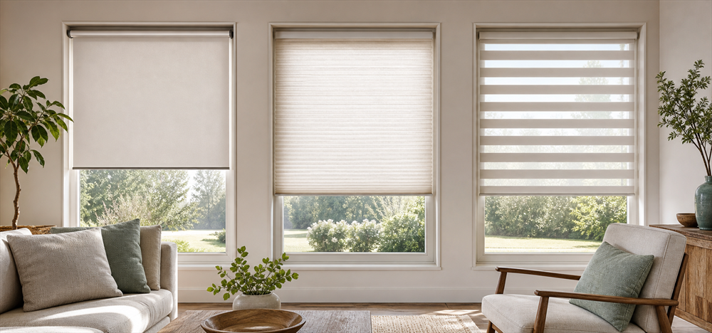 Roller, Cellular, and Zebra Shades in the warm room