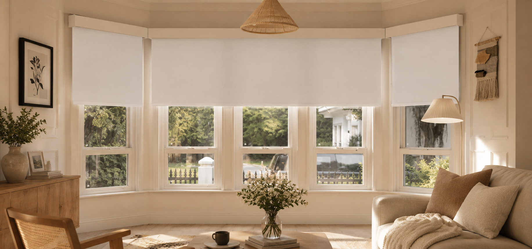 Cozy bay window with motorized roller shades, creating a warm and inviting living space.