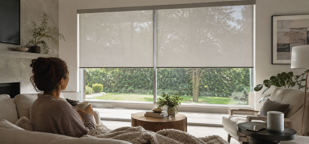 A comfortable room creates a soft atmosphere through sunshade blinds.