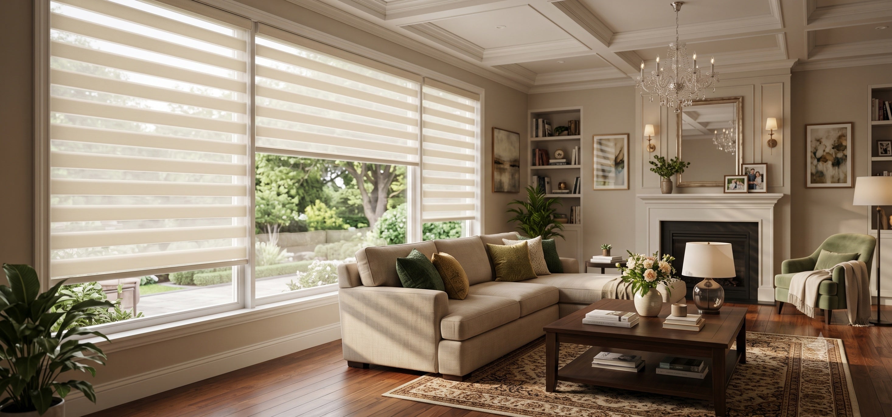 Motorized Zebra Shades in a bright and warm Living Room