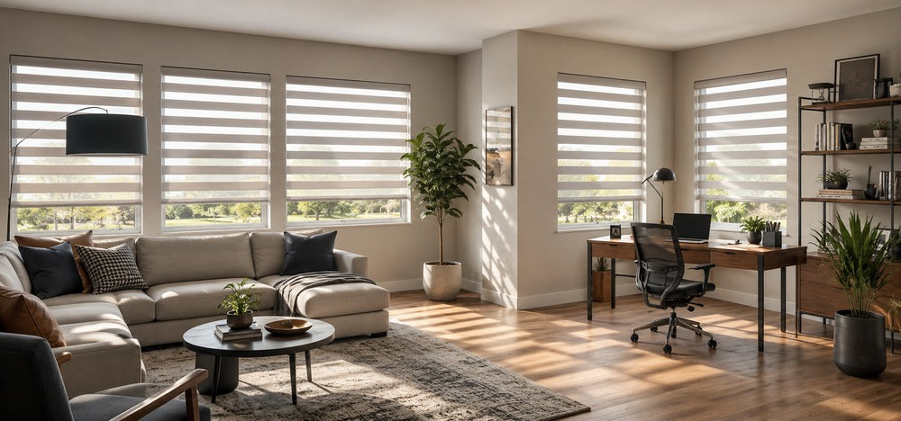 Modern living room and home office with zebra shades filtering natural light while maintaining privacy.