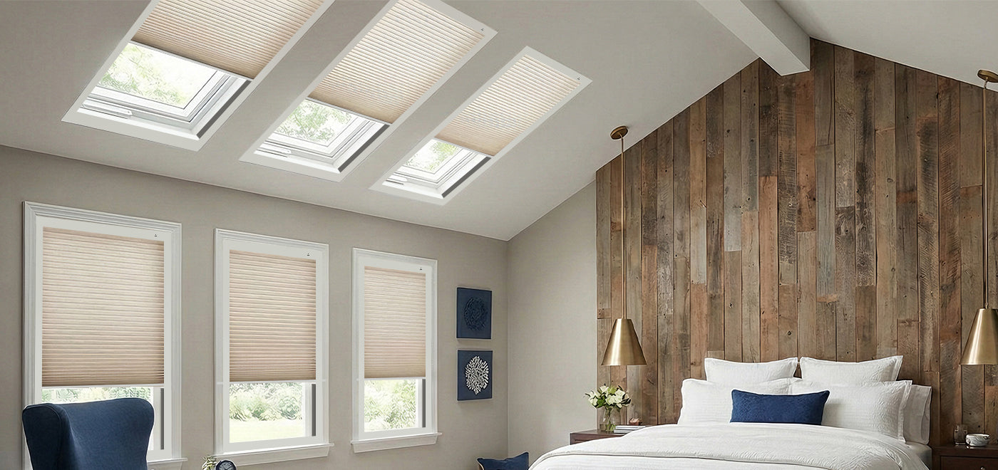 Motorized skylight shades installed in a modern bedroom, providing light control, privacy, and energy-efficient comfort.