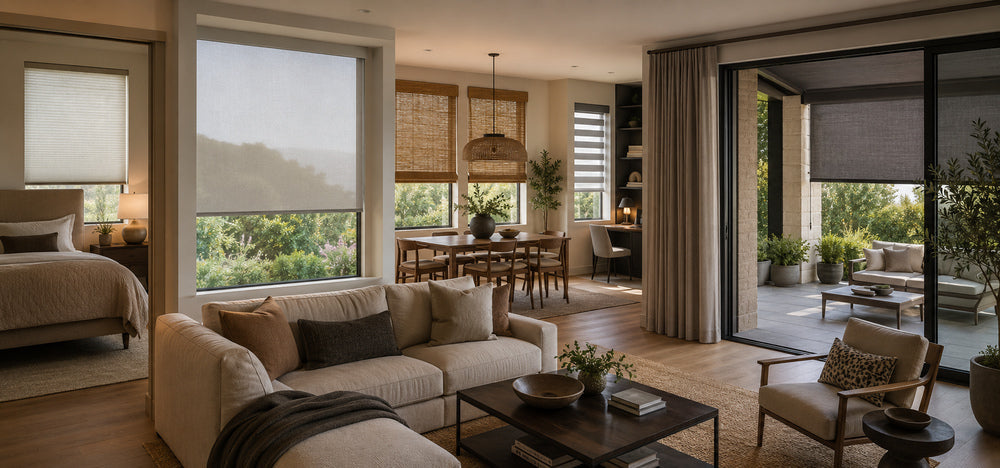 Modern open-plan home with motorized window shades, woven wood blinds, zebra shades, and outdoor patio roller shades.