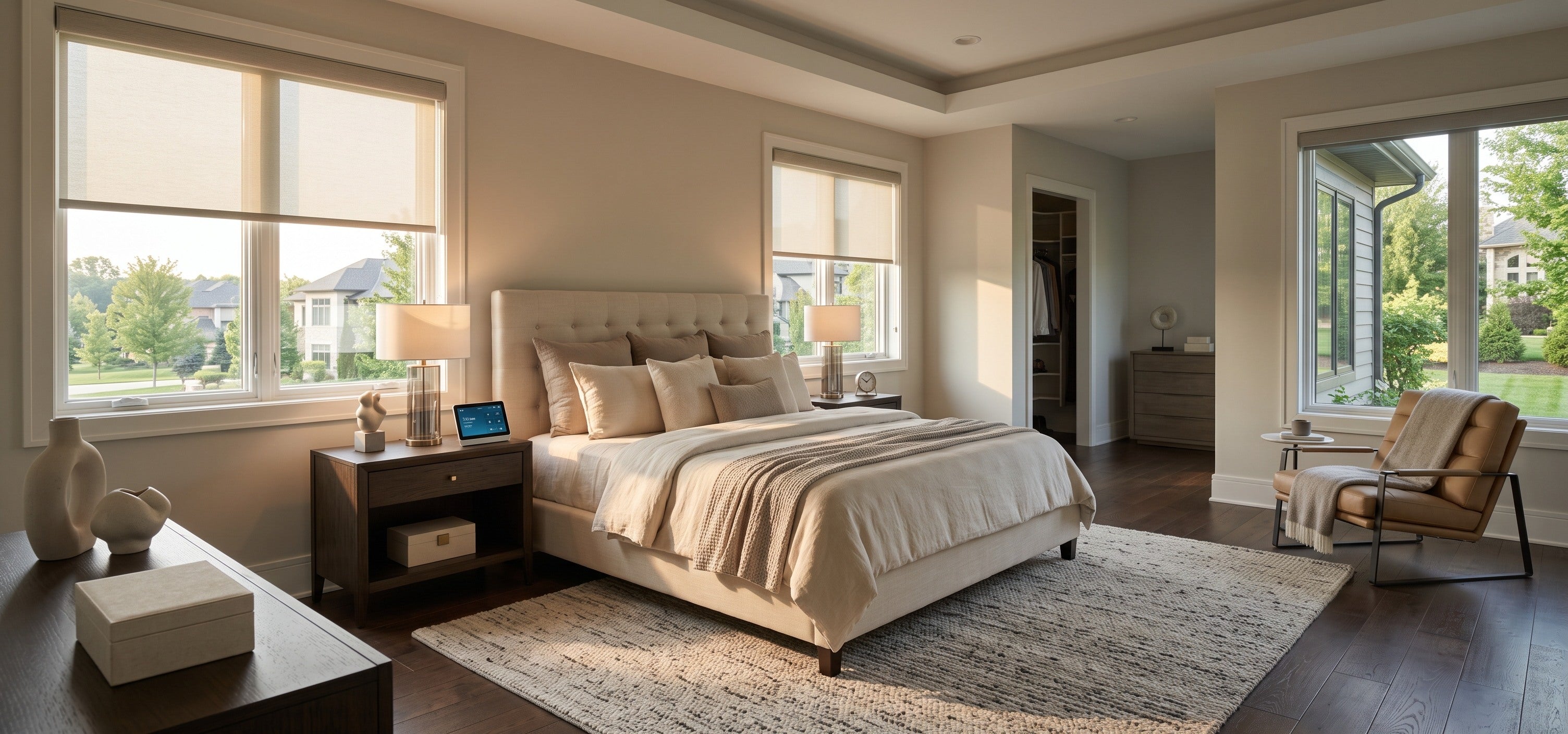 The bedroom windows are adorned with motorized roller shades, creating a classic, elegant, bright, and harmonious atmosphere.
