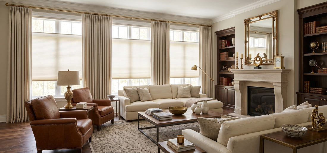 The retro-luxury living room features motorized levitate cellular sahdes paired with drapery, creating a modern and elegant atmosphere.
