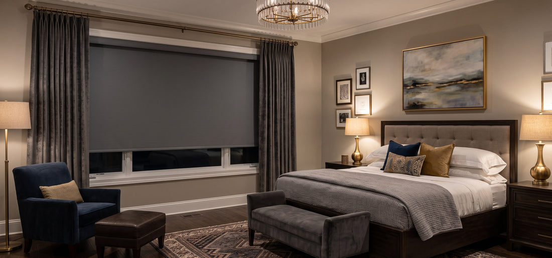 Modern bedroom with Motorized blackout roller shades for better insulation and sleep comfort.