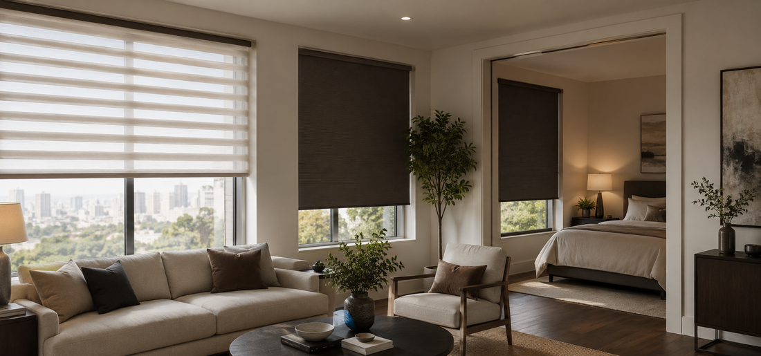 Modern living room and bedroom with motorized window shades