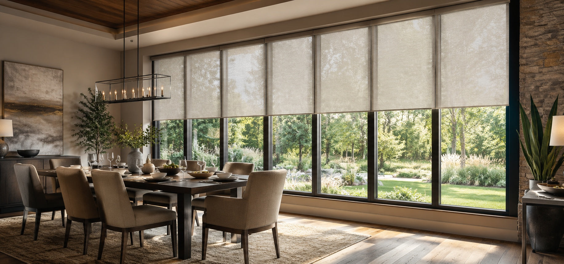 Modern dining room with large floor-to-ceiling windows, motorized roller shades, warm natural light, and a garden view.