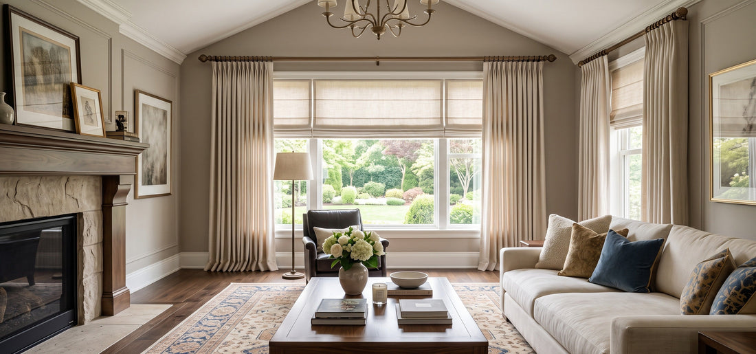 Motorized Roman shades and drapery installed in a classic-modern living room create an elegant, beautiful look, filling the space with soft, bright light.