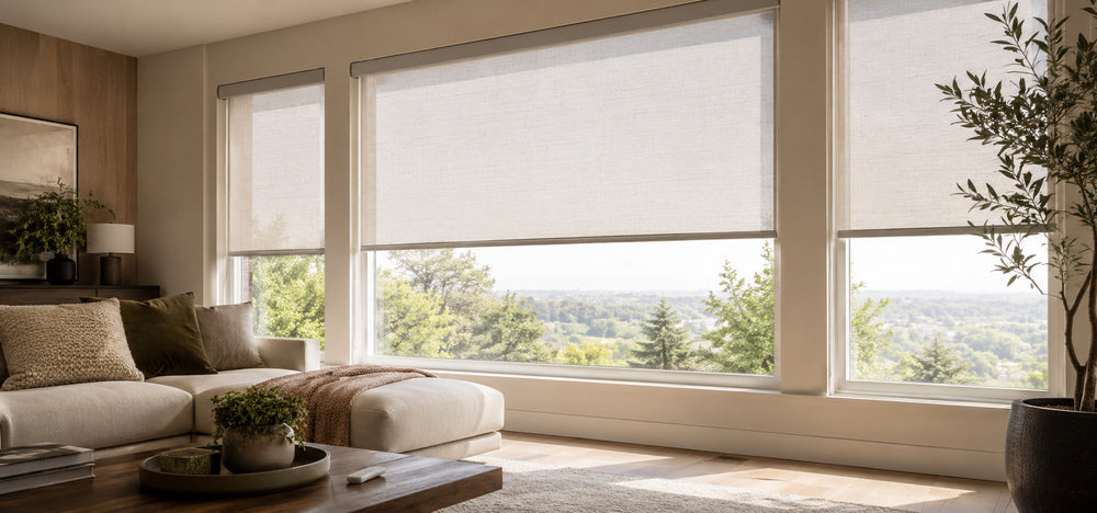 Bright living room with cordless light filtering blinds and soft natural daylight.
