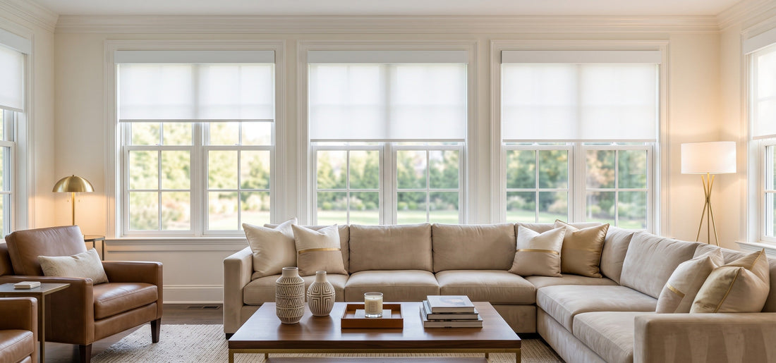 A bright, elegant living room features a large beige sectional sofa, a brown leather armchair, and a wooden coffee table arranged in front of a row of large windows partially covered by sleek white roller shades.