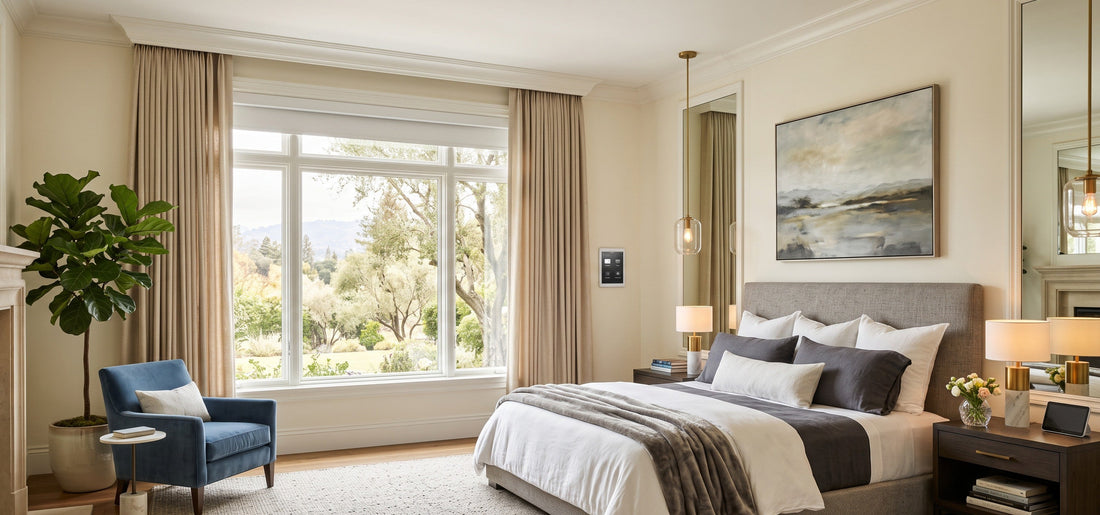 Modern bedroom with Electric blackout roller shades for better insulation and sleep comfort.