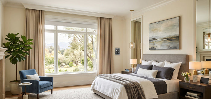 Modern bedroom with Electric blackout roller shades for better insulation and sleep comfort.