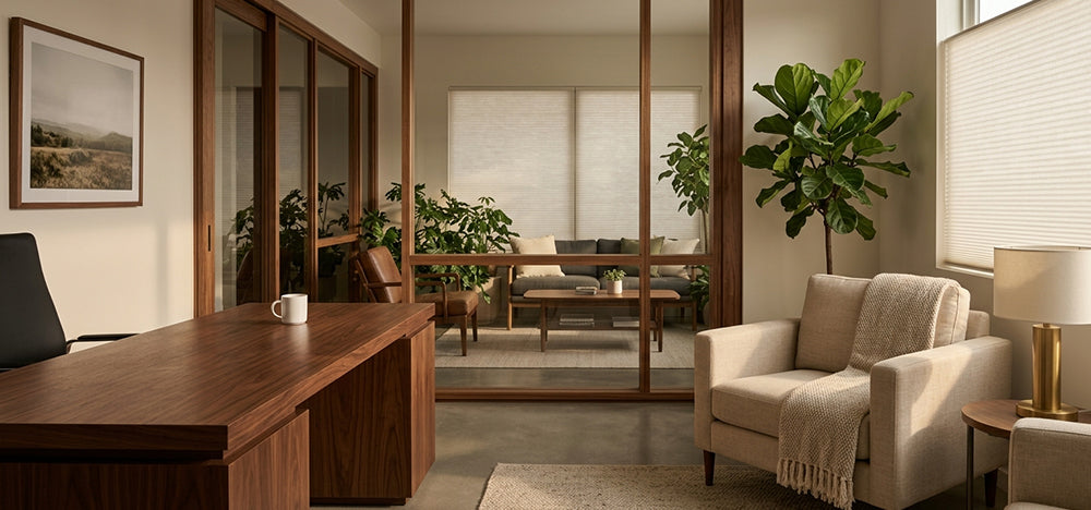 Motorized single cell cellular shades installed in a modern study room, providing light control, privacy, and energy-efficient comfort.