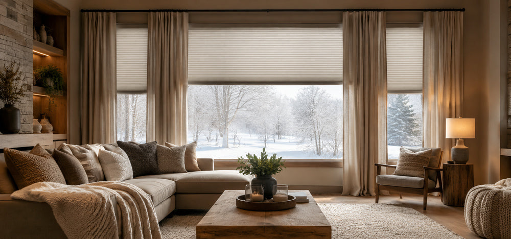 Cozy winter living room with insulating shades and snowy outdoor view.