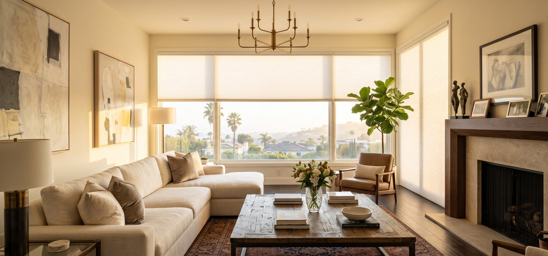 Light-filtering roller blinds installed on west-facing windows create soft lighting in the living room.