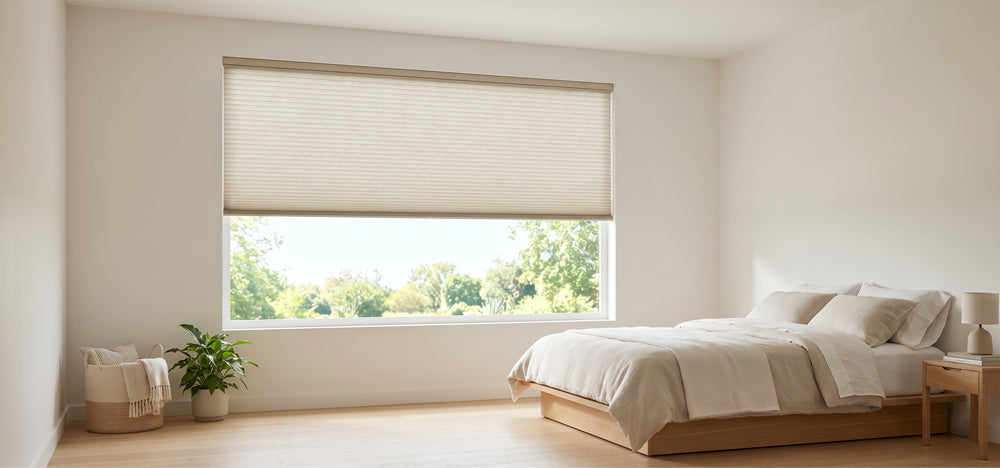 Motorized cellular shades installed in a modern bedroom , providing light control, privacy, and energy-efficient comfort.