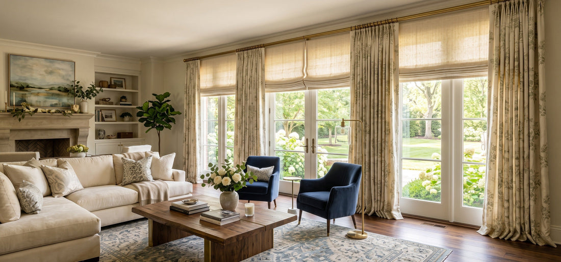 The French doors in the living room are decorated with motorized linen roman shades and drapery, creating a classic, elegant, bright, and harmonious atmosphere.