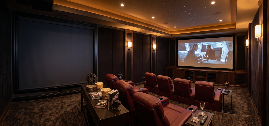 A luxurious home theater features red leather recliners and a starlight ceiling, utilizing large motorized blackout roller shades on the side wall to completely block out external light for an optimal movie-viewing experience.