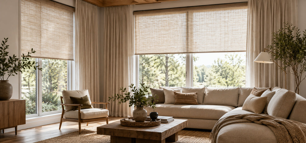 A comfortable living room decorated with smart curtains