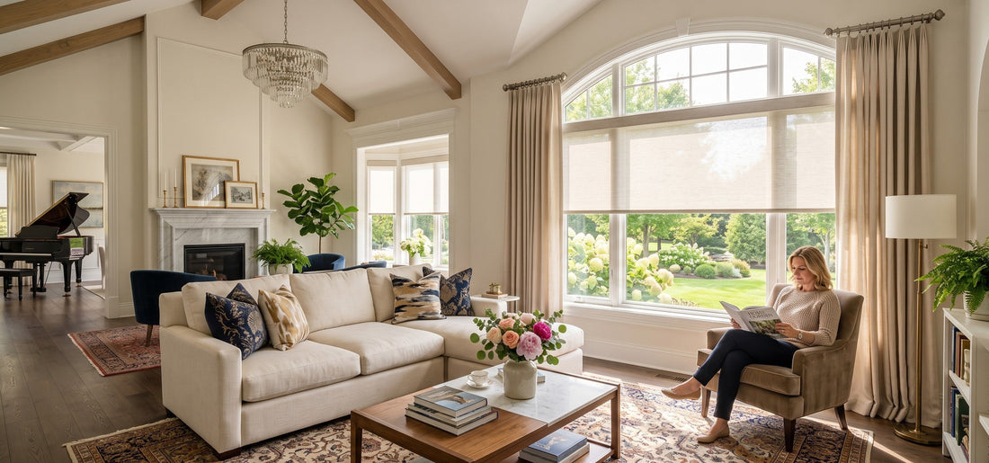 A woman is reading in the living room, where motorized roller shades and light filtering are installed on the windows, providing soft and ample light.