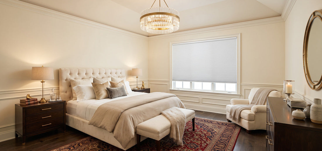 The bedroom windows are adorned with motorized cellular shades, creating a classic, elegant, bright, and harmonious atmosphere.