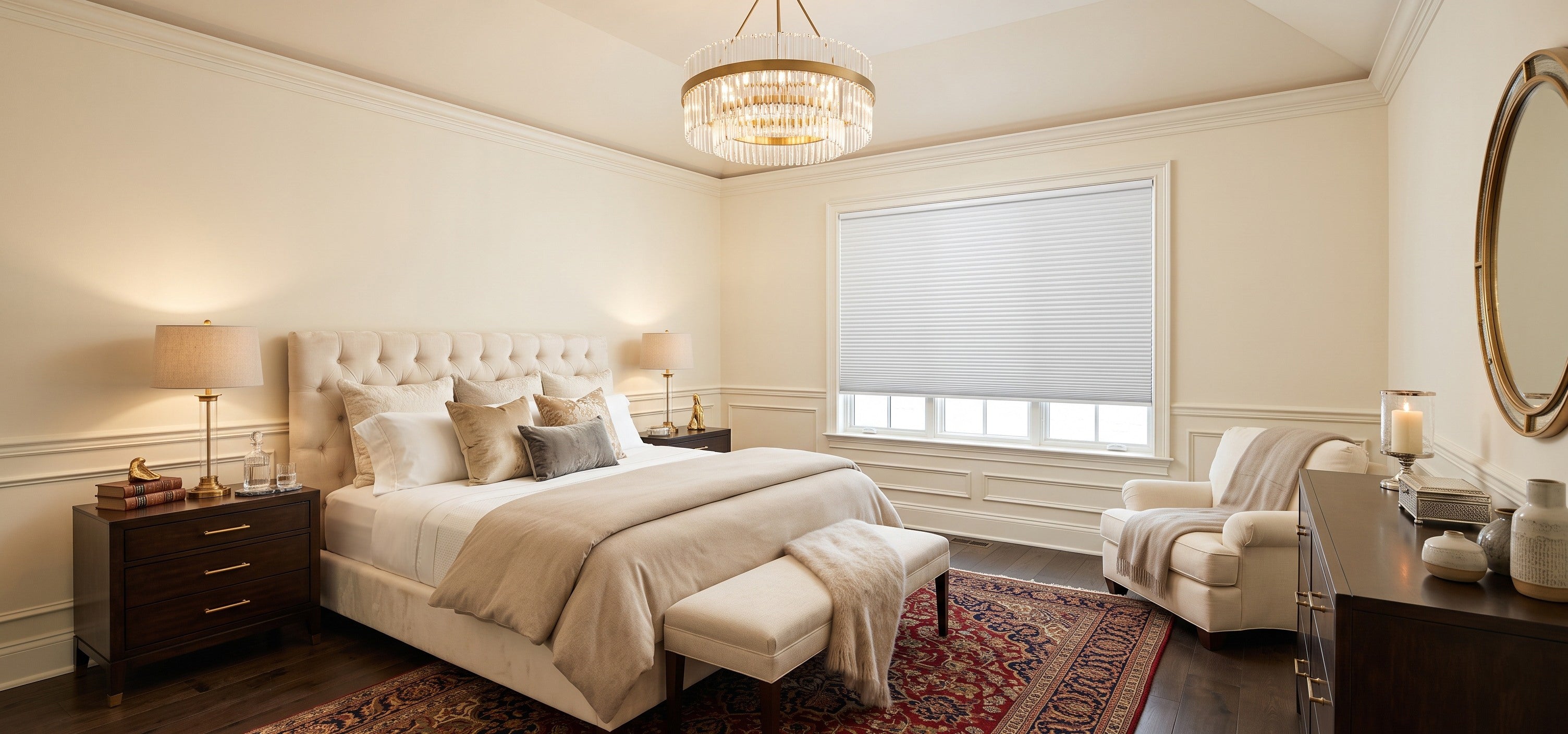 The bedroom windows are adorned with motorized cellular shades, creating a classic, elegant, bright, and harmonious atmosphere.