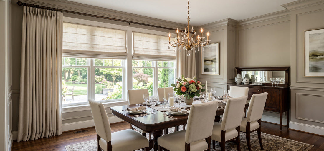 The large windows in the dining room are decorated with motorized linen roman shades and drapery, creating a classic, elegant, bright, and harmonious atmosphere.