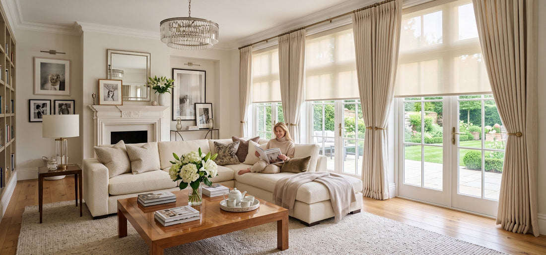 In this light-filled, elegantly designed living room, a woman reads on the sofa, while the large windows are adorned with light-filtering roller blinds.