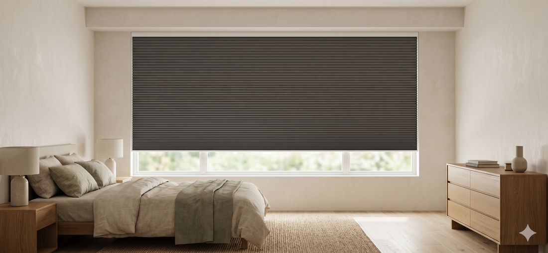 Motorized cellular shades installed in a modern bedroom , providing light control, privacy, and energy-efficient comfort.
