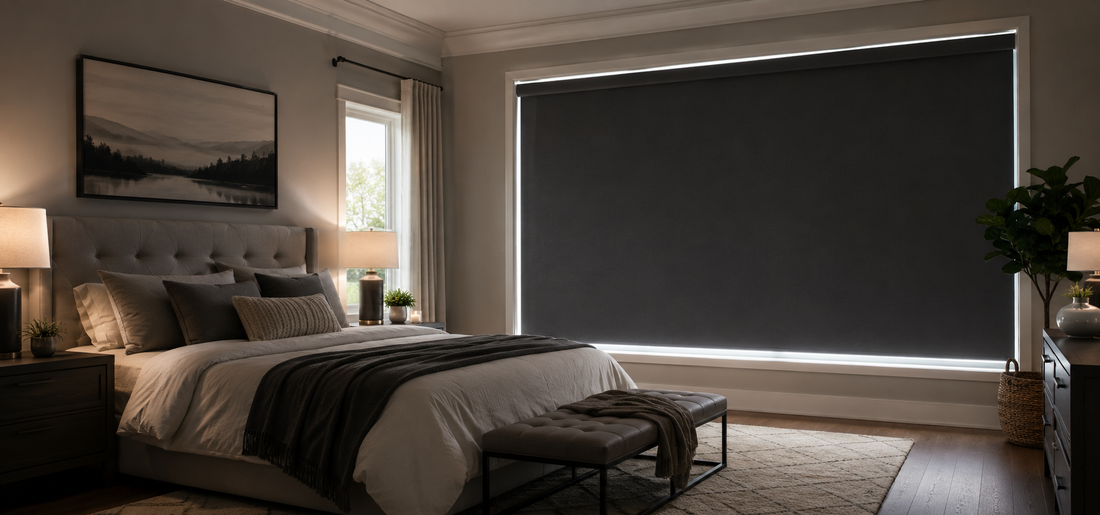 A cozy modern bedroom featuring a large black blackout roller shade over the main window