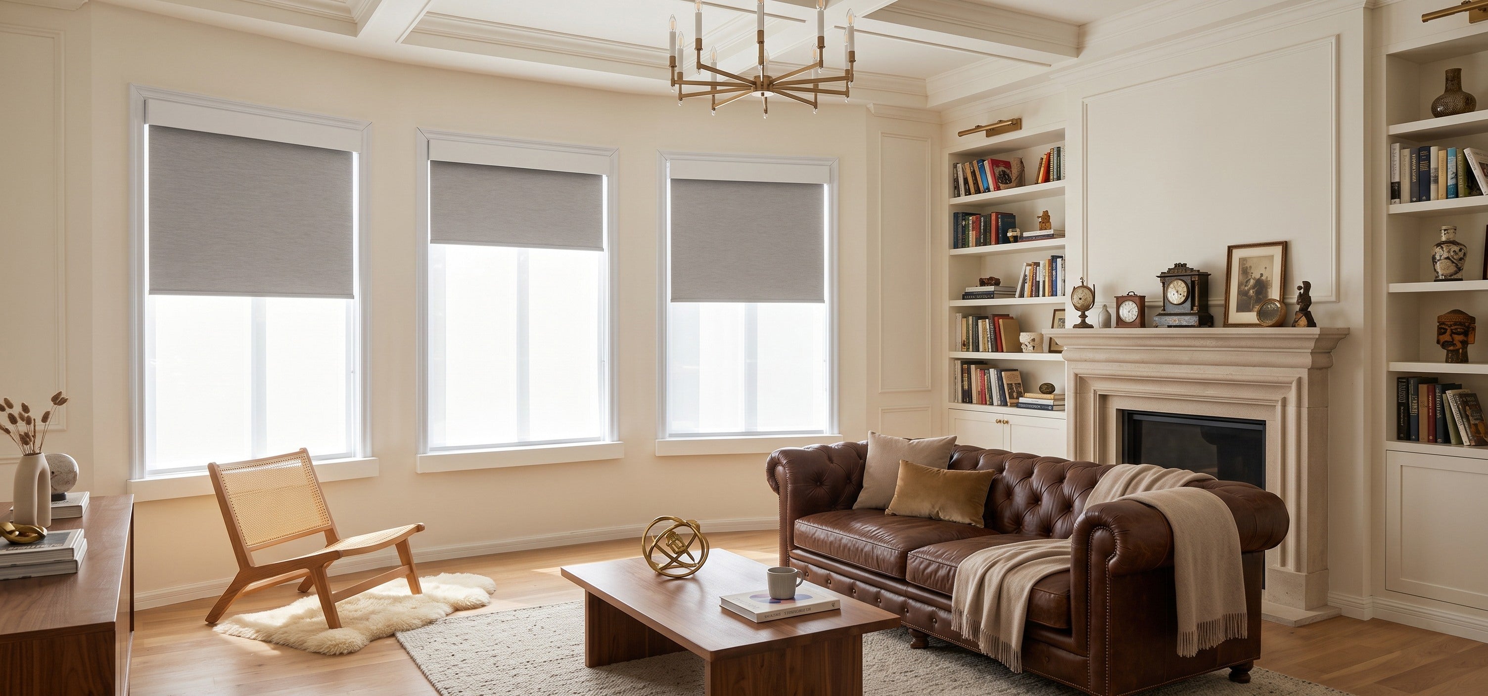 Dual Roller Shades are installed in comfortable and elegant living spaces, blocking glaring sunlight while allowing bright light to pass through.