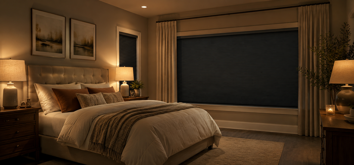 Motorized blackout cellular shades installed in a bedroom, providing light control, privacy, and energy-efficient comfort.