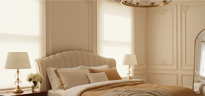 Sheer white Cellular shades in a classic cream bedroom, soft light-filtering smart window treatments