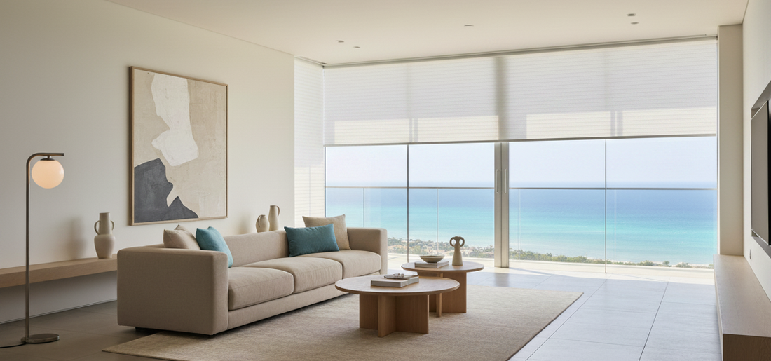 Smart blinds is placed in front of the  windows in the living room with Island View